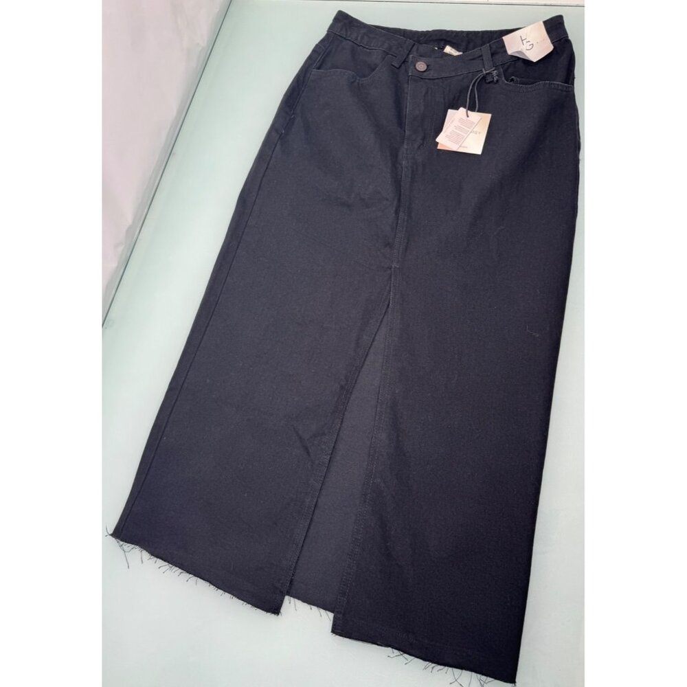 Happily Gray Women's Midi Denim Skirt Raw Hem Black Front Slit Size 7 New NWT